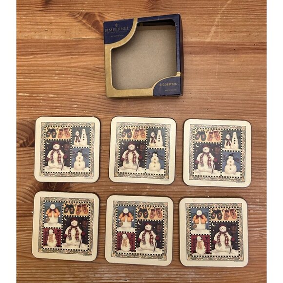 Vintage Pimpernel Holiday Snowman Cork Backed Coasters Set Of 6 England - Picture 3 of 4